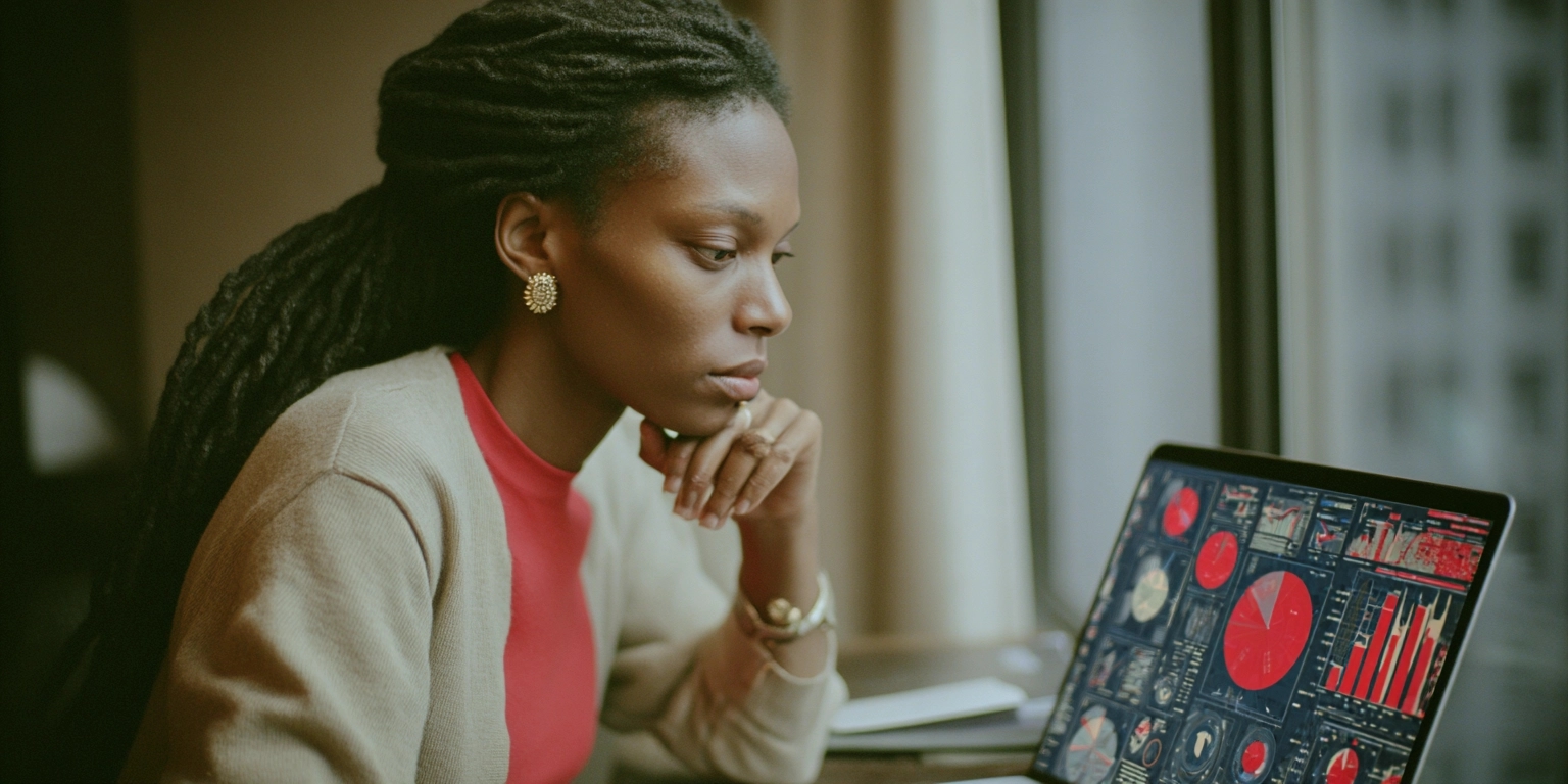 Vrouw analyseert AI-gegenereerde zoekresultaten op een laptop met datavisualisaties