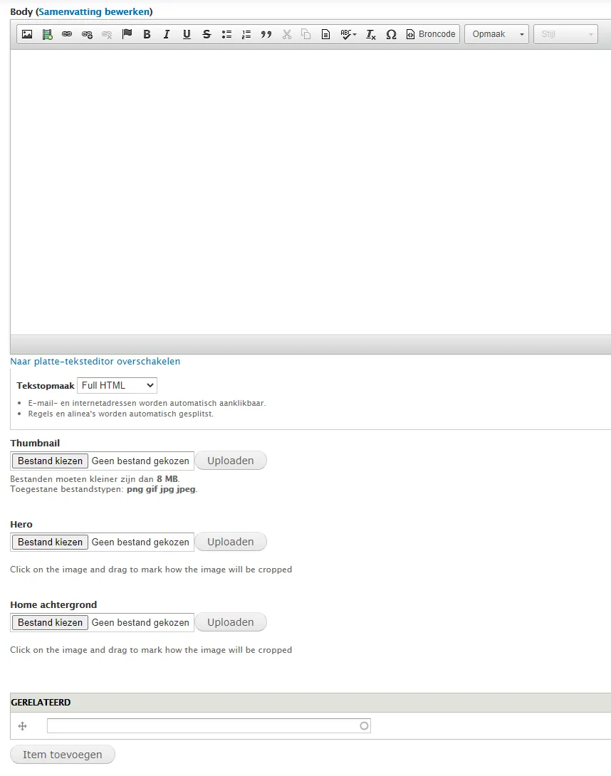 Screenshot van de backend van Drupal met een voorbeeld van een content item met velden