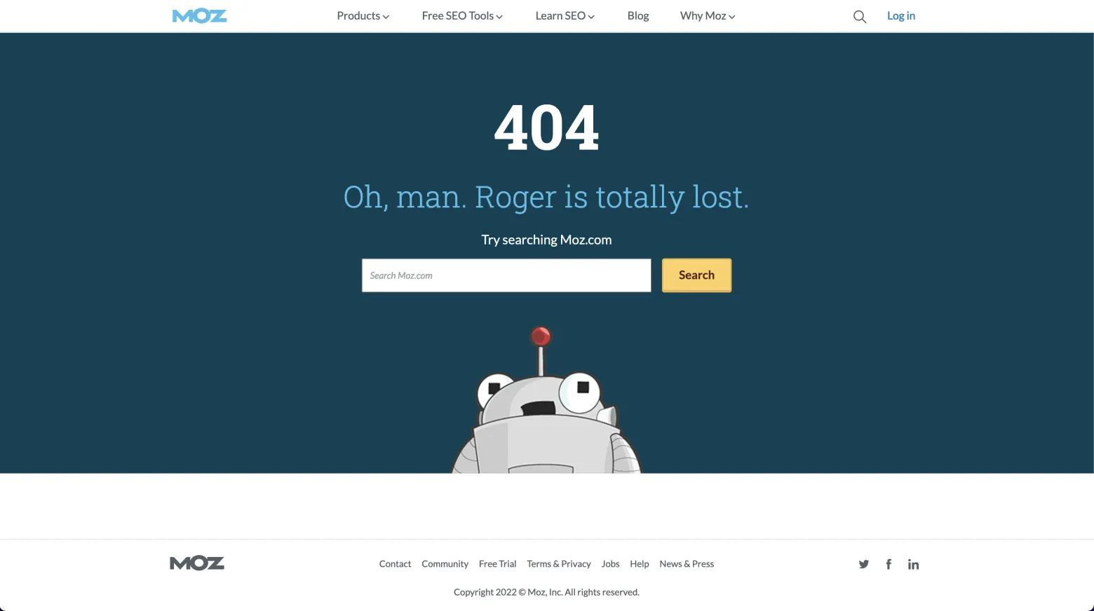 404 pagina van Moz: zoekbalk, kop en beeld duidelijk in het midden van de pagina