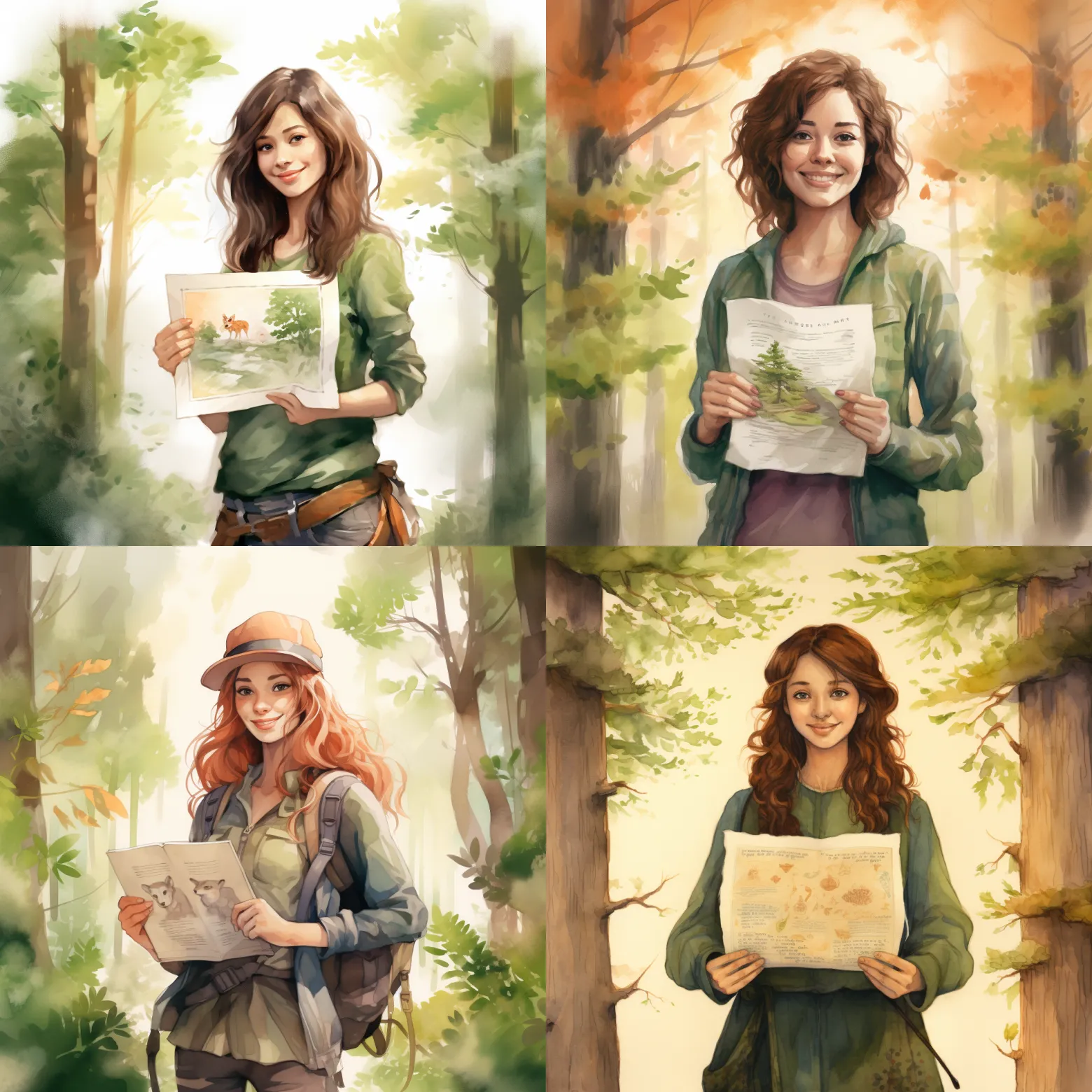 Vier variatie's op de afbeelding met de vrouw in het bos