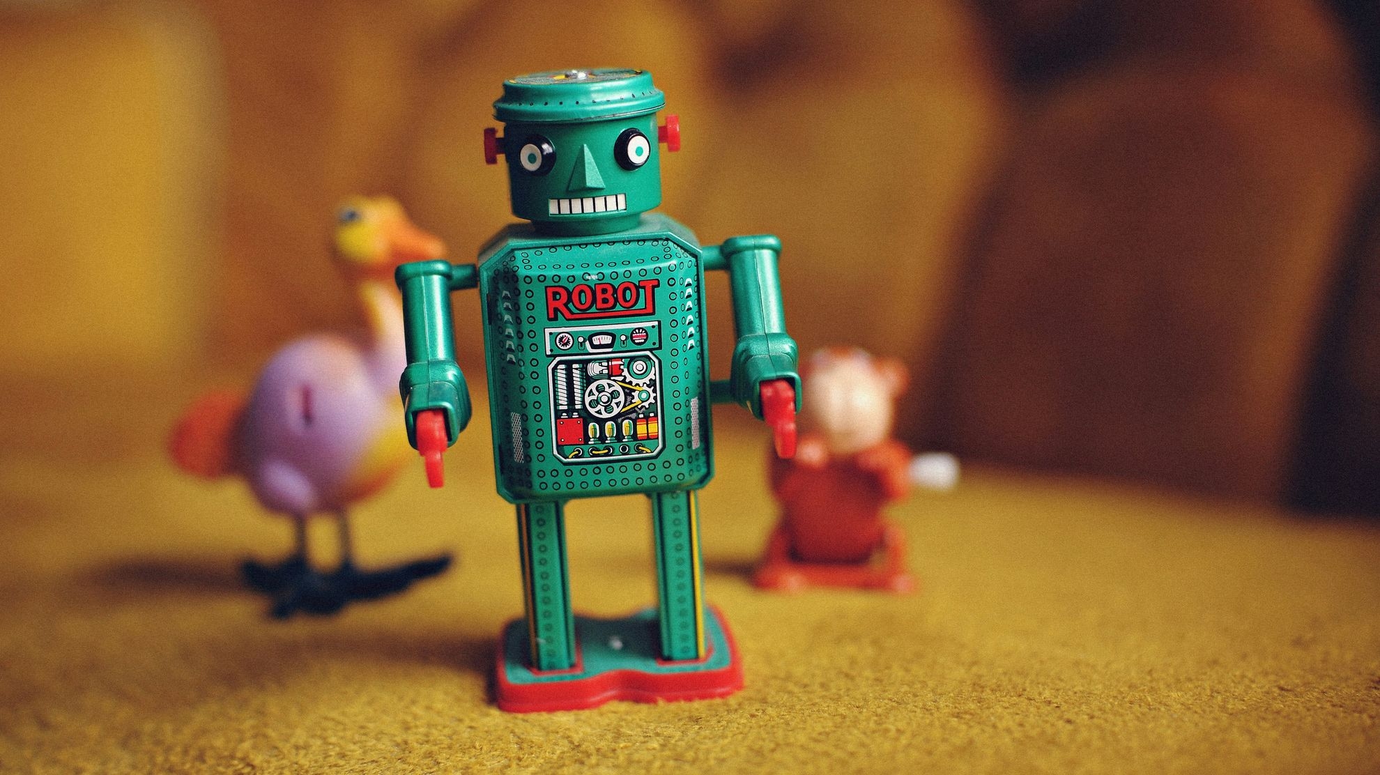 Vintage speelgoedrobot als beeld voor een website die met AI is ontwikkeld